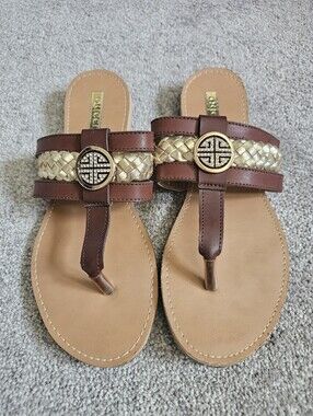 QUEEN Chic Brown & Gold Braided Slide Sandals T-Strap Faux Leather Size 9